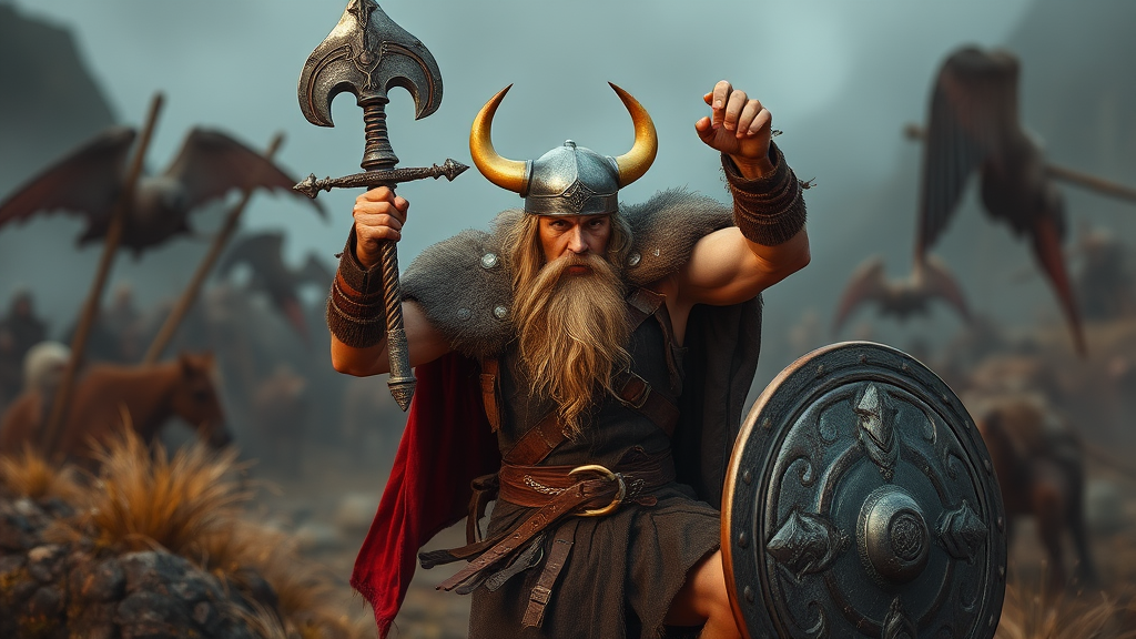 A brown Viking warrior in his armor.