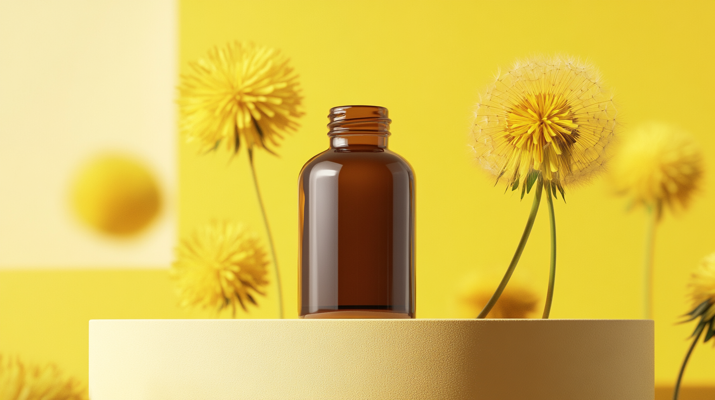 A brown bottle on a yellow background