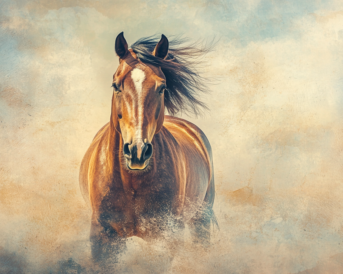 A brown horse moving on beach with wind blowing.