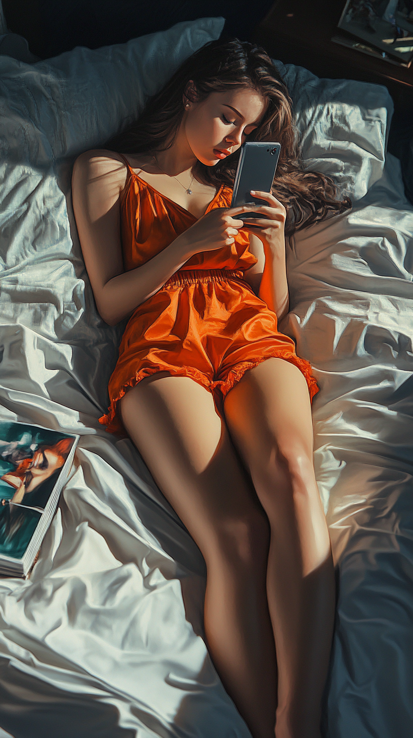 A brunette supermodel laying on bed looking at phone.