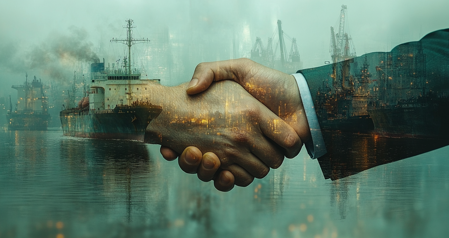 A business person shaking hands with transportation elements