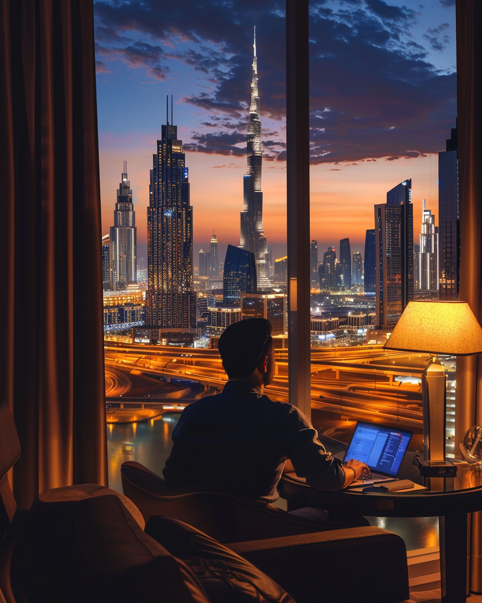 A business traveler in luxurious hotel at Dubai