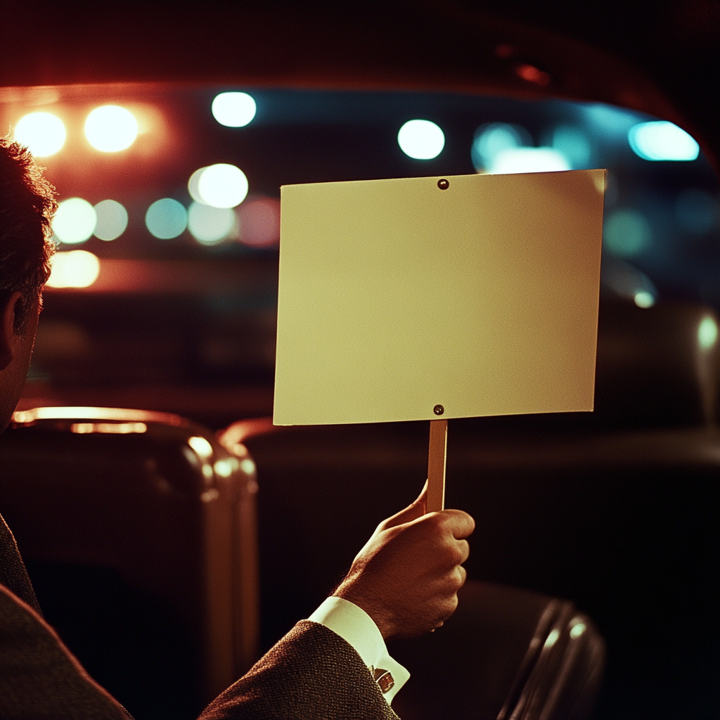 A businessman holding protest sign in taxi.