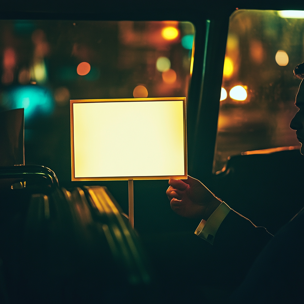 A businessman holds protest sign in taxi.