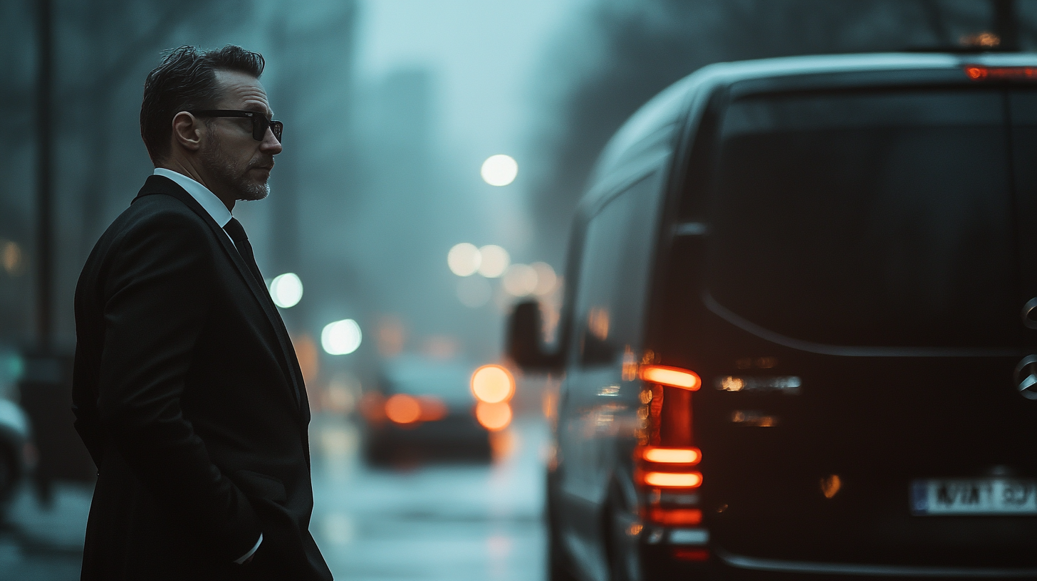 A businessman in black suit waiting by black Mercedes