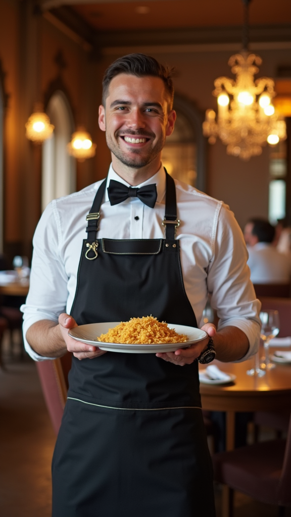 A busy American waiter serves food in restaurant.