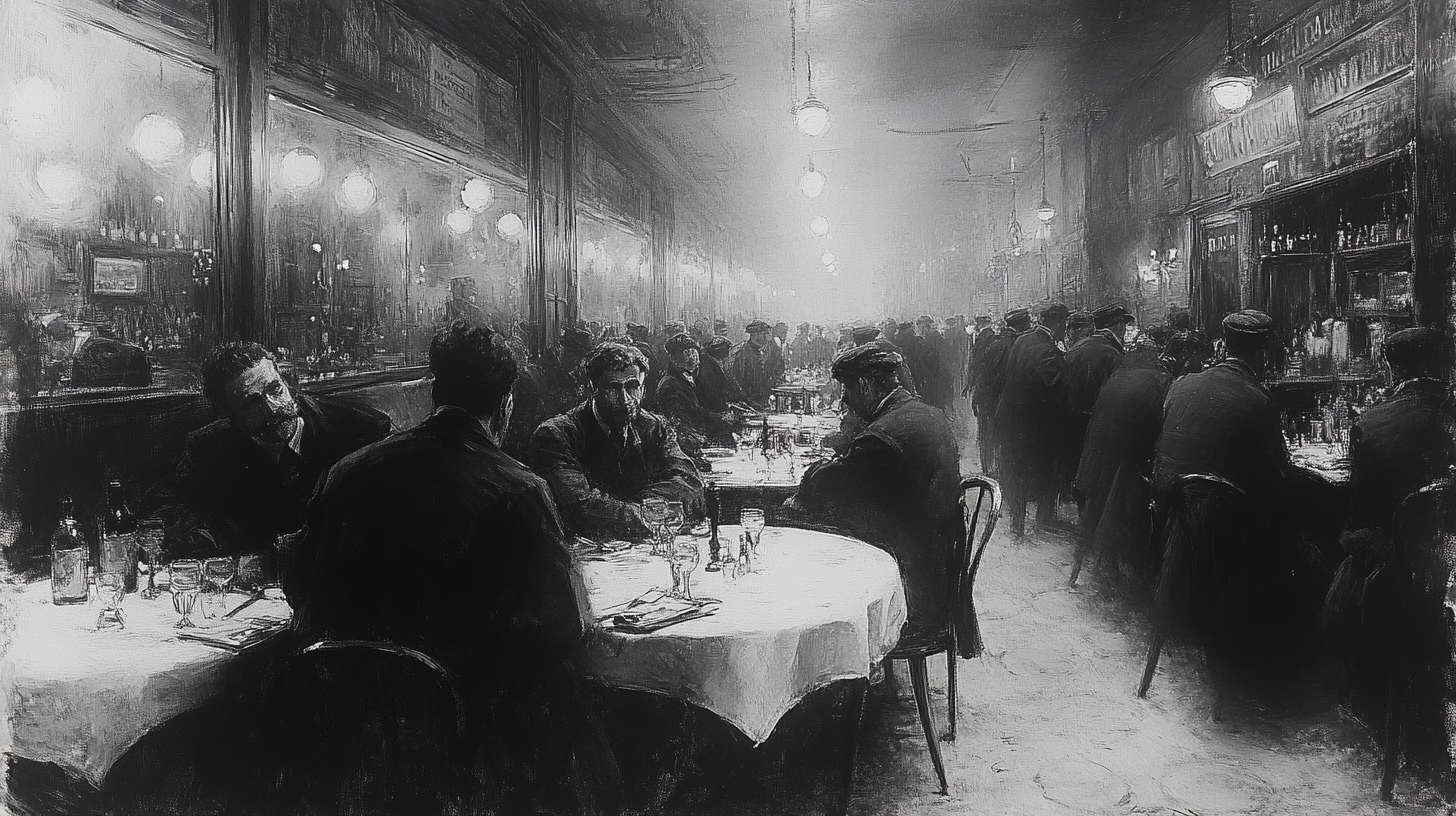 A busy saloon in Winter 1905 Italy