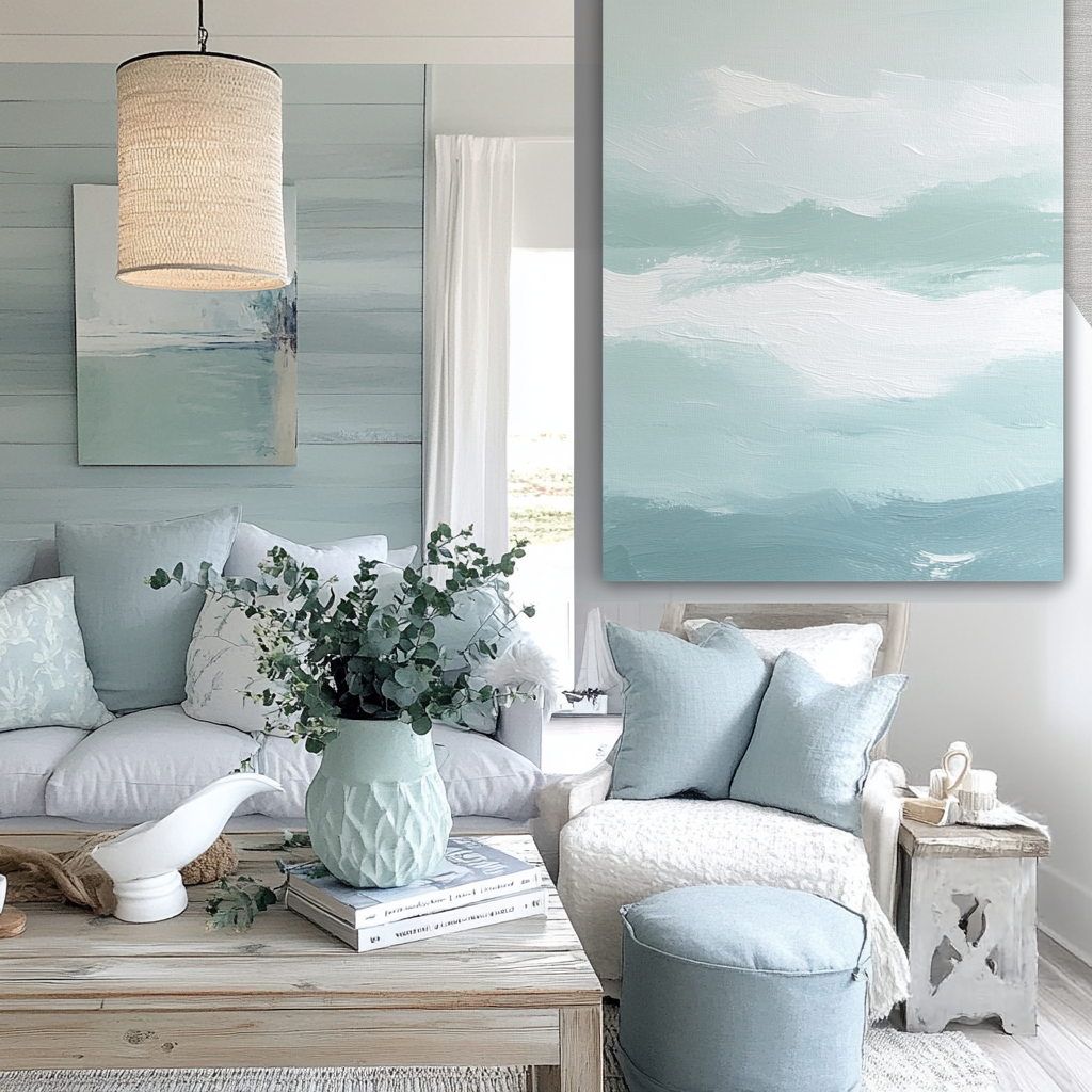 A calming interior with light blue and green accents