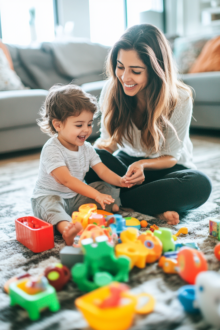 A caring mother playing with child, toys around