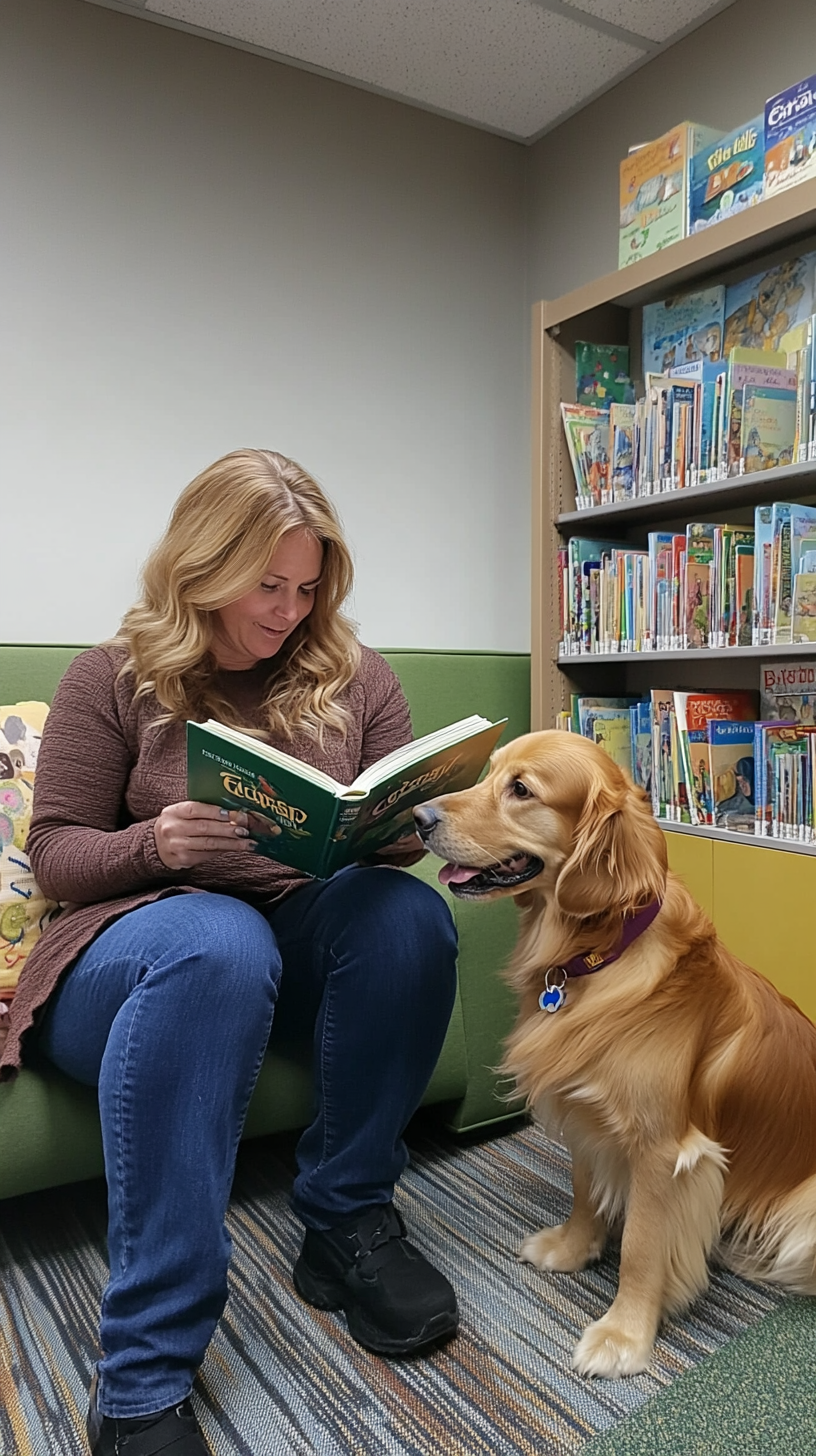 A caring woman reads children's book in class