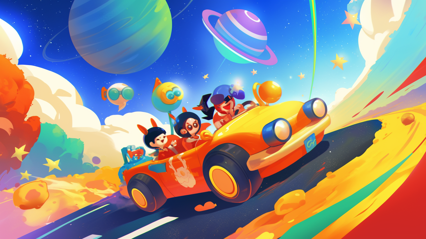 A cartoon car with characters travels through space