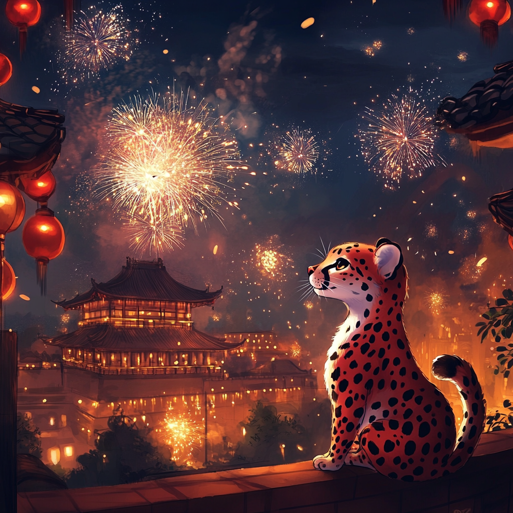 A cartoon cheetah playing fireworks on Chinese New Year