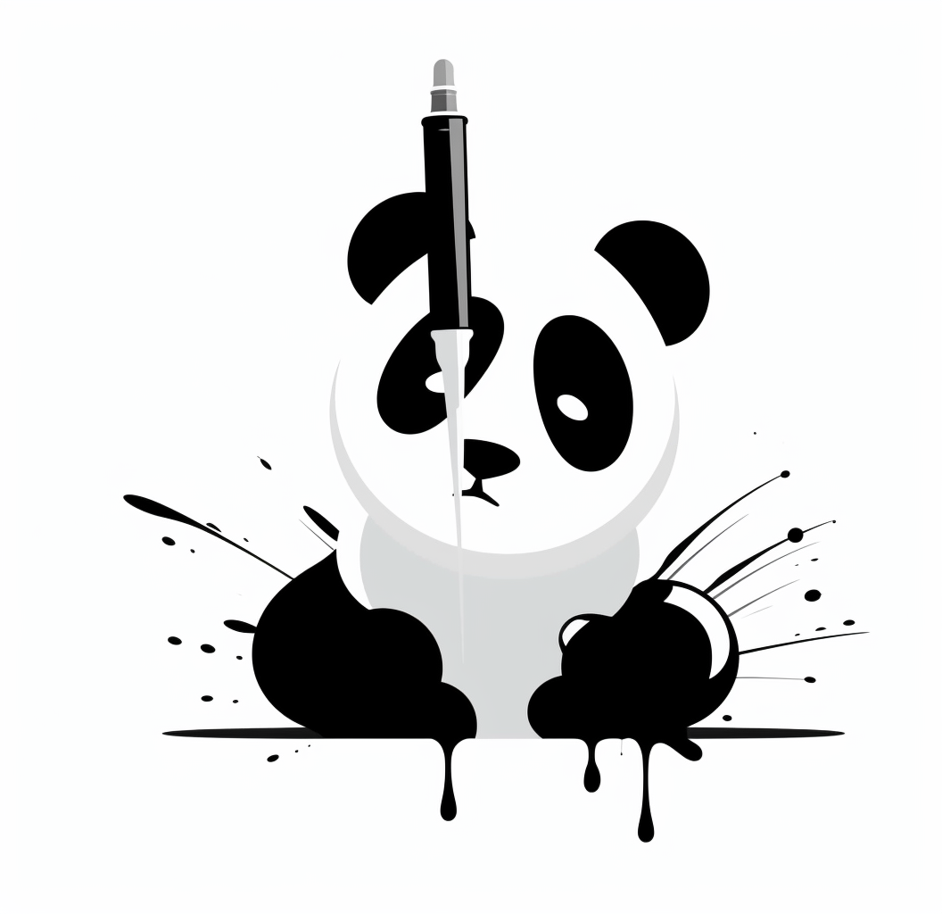 A cartoon panda holding ink pen on white background.