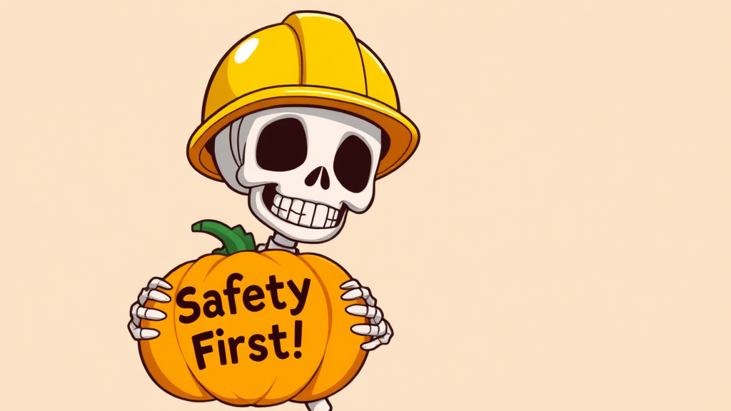 A cartoon skeleton promotes safety with pumpkin.