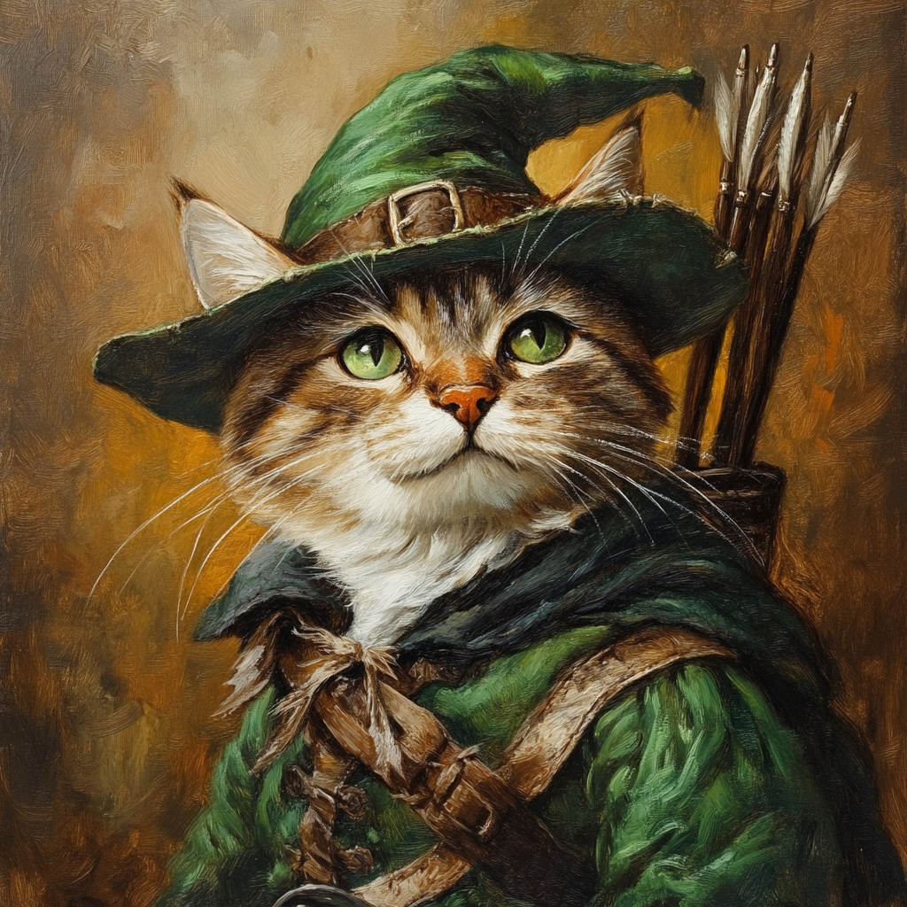 A cat dressed like Robin Hood with oil style.