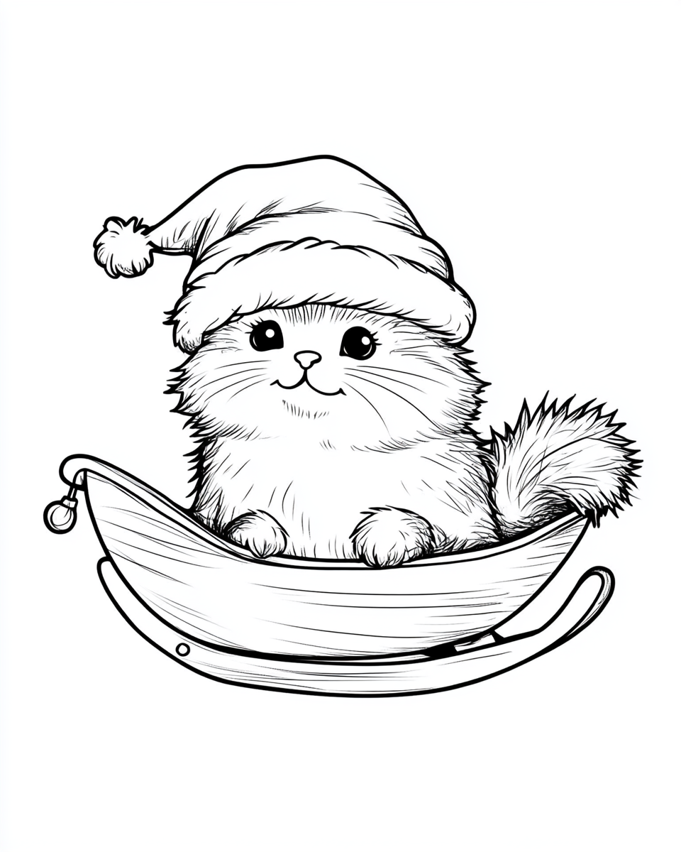 A cat in Santa's sleigh Coloring Page