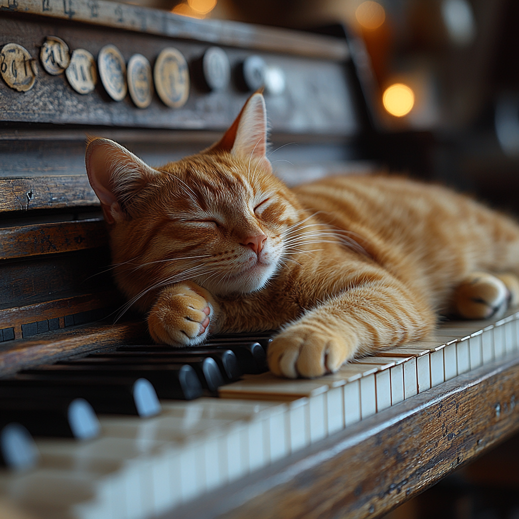 A cat lying on a piano, full shot.