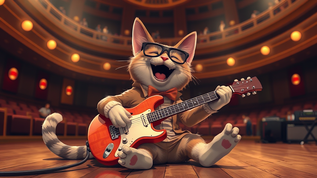 A cat musician with glasses laughs onstage.