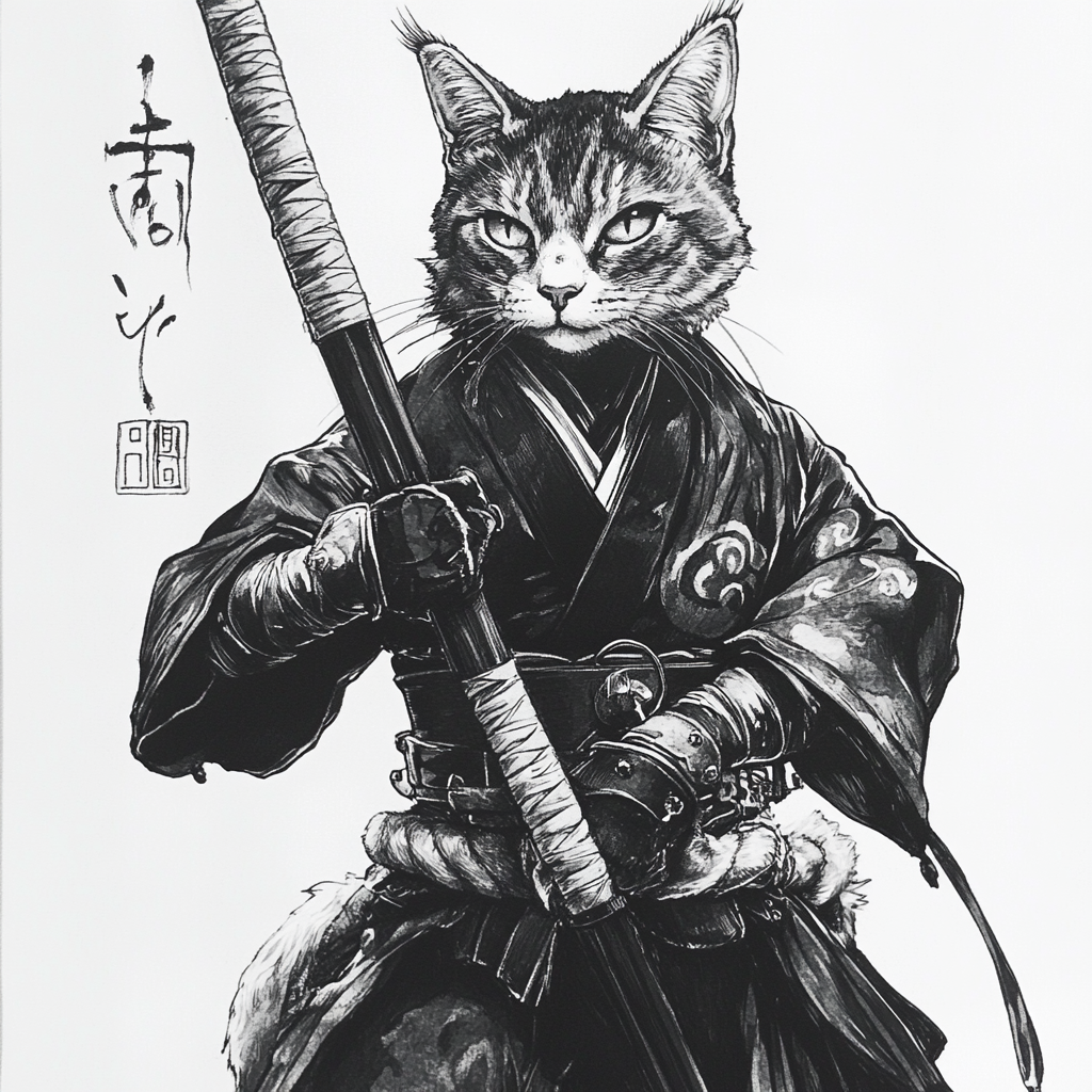 A cat warrior in traditional Japanese attire