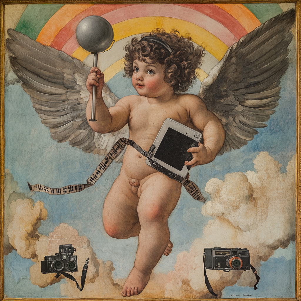 A cherub with an iPad, hovering above rainbow.