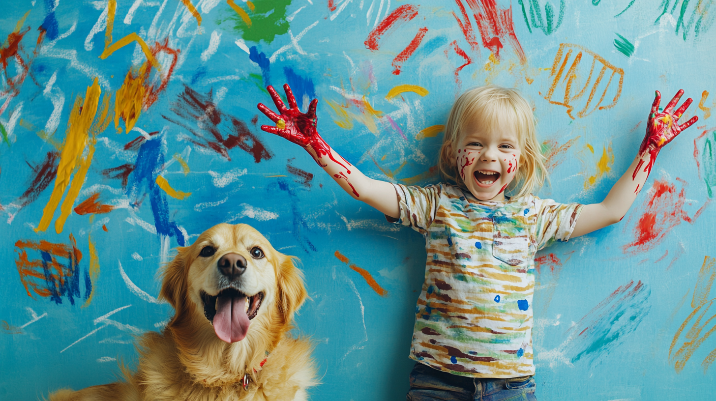 A child and a dog covered in paint