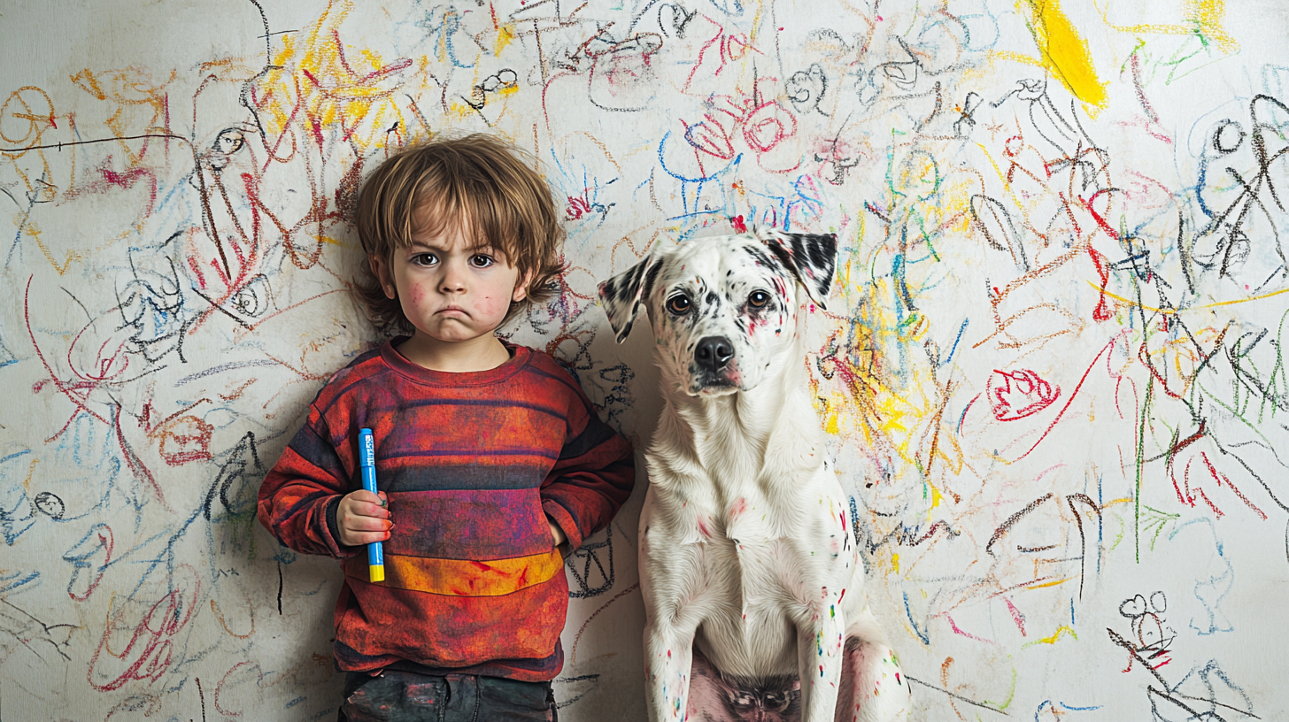 A child and dog in trouble over drawn walls