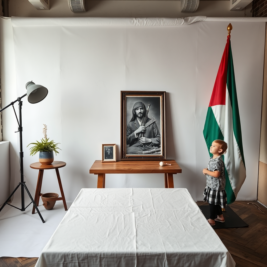 A child and martyrdom picture in Palestinian studio.