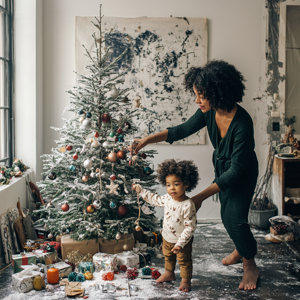 A child and their mother by Christmas tree