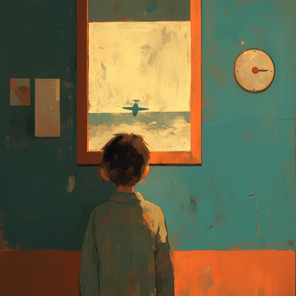 A child holding a toy airplane in a painting