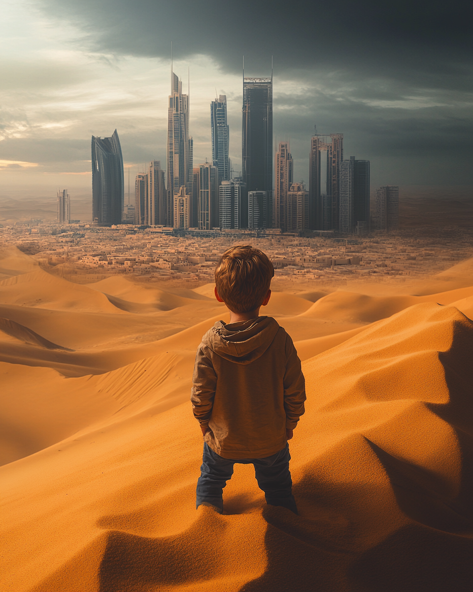 A child in a desert city, yellow earth vibes.