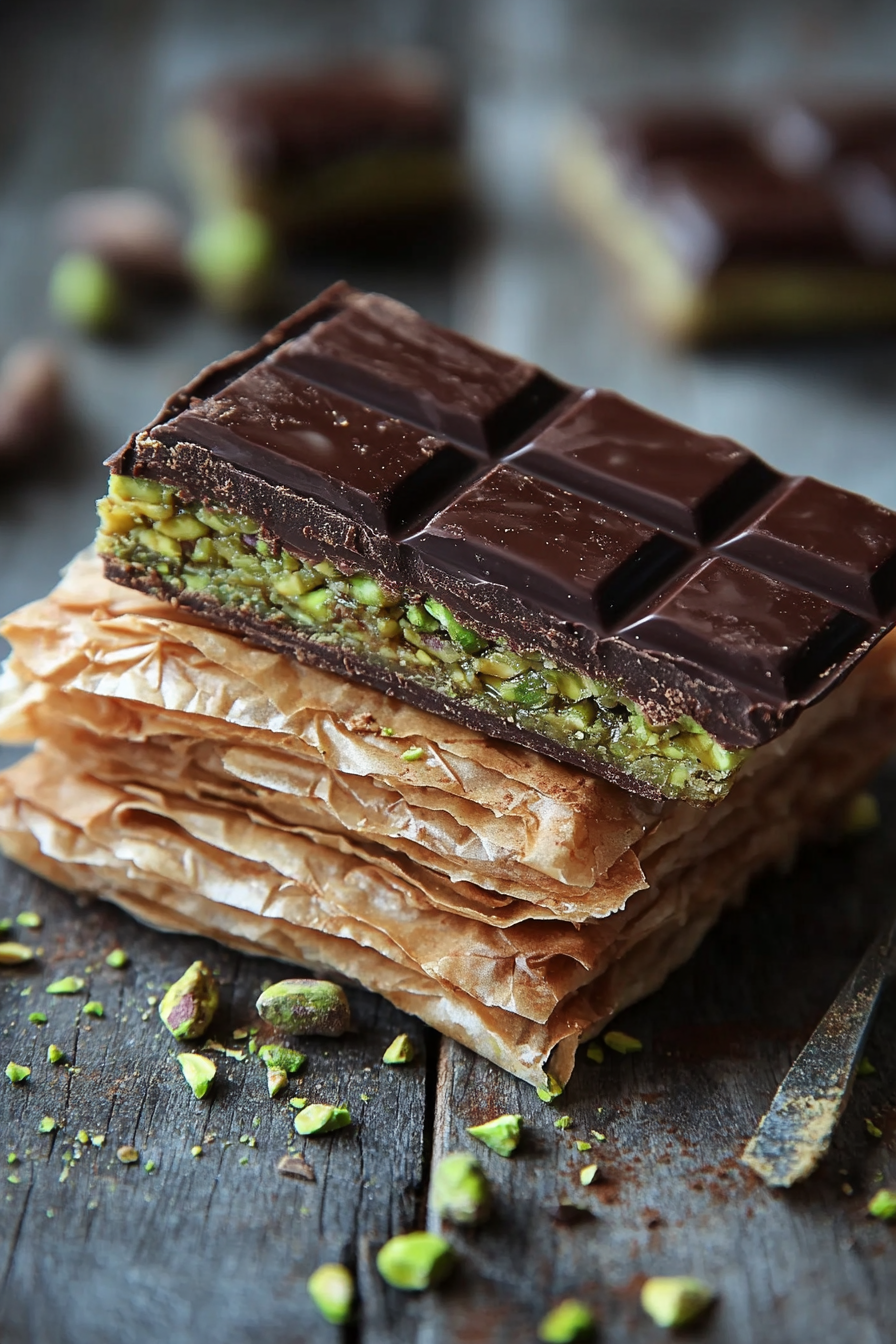 A chocolate bar with pistachio knafeh filling.