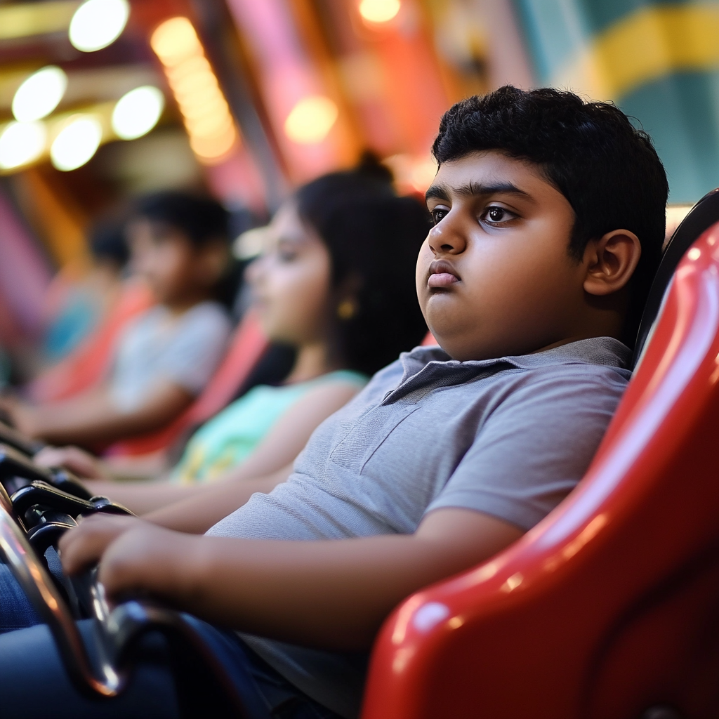 A chubby Indian boy on roller coaster ride