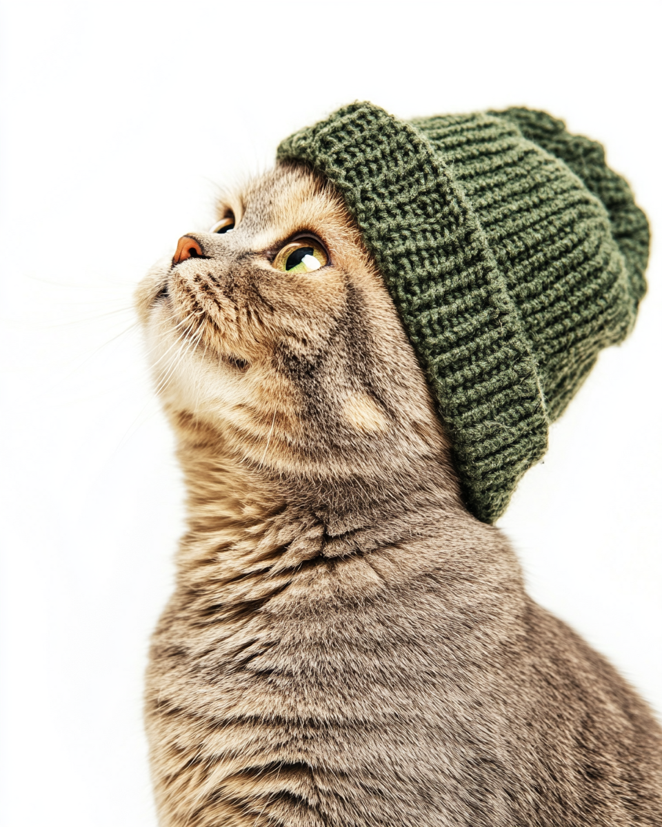 A chubby cat in a green hat smiling