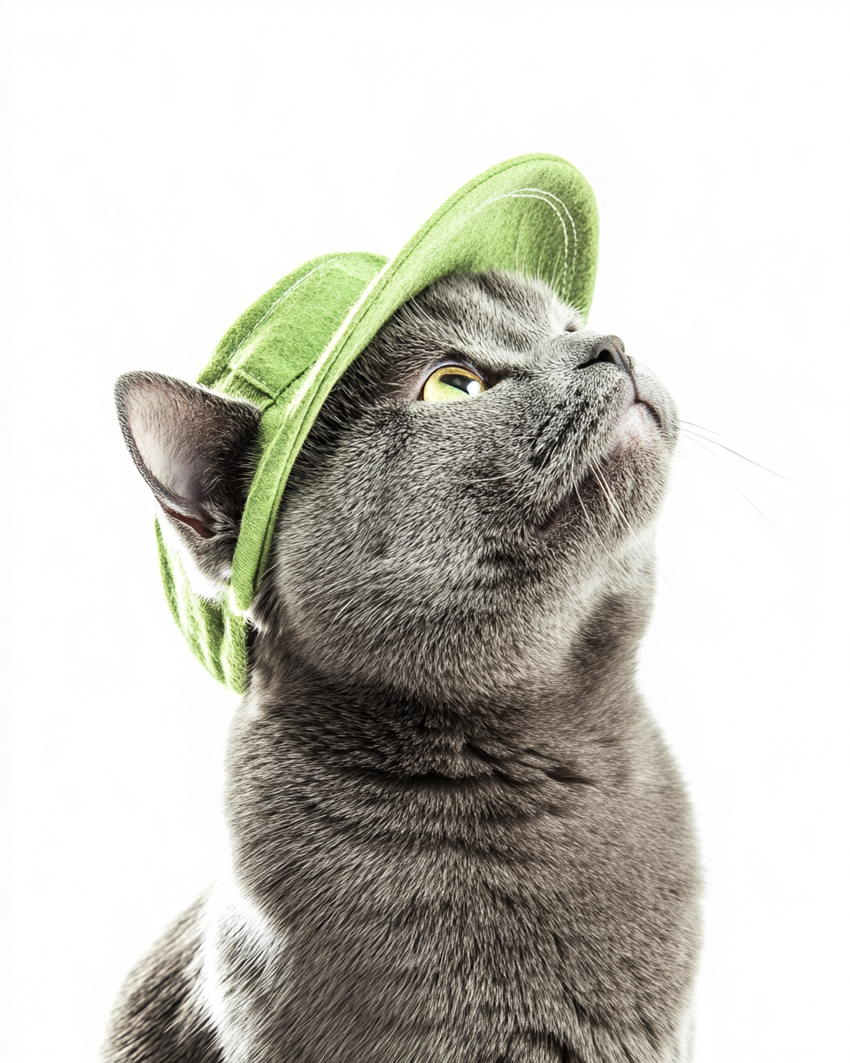 A chubby cat in a hat, happily looking.