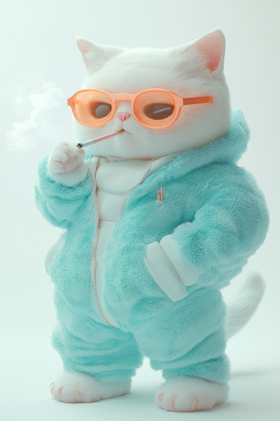 A chubby cat in pastel outfit smokes cigarette.