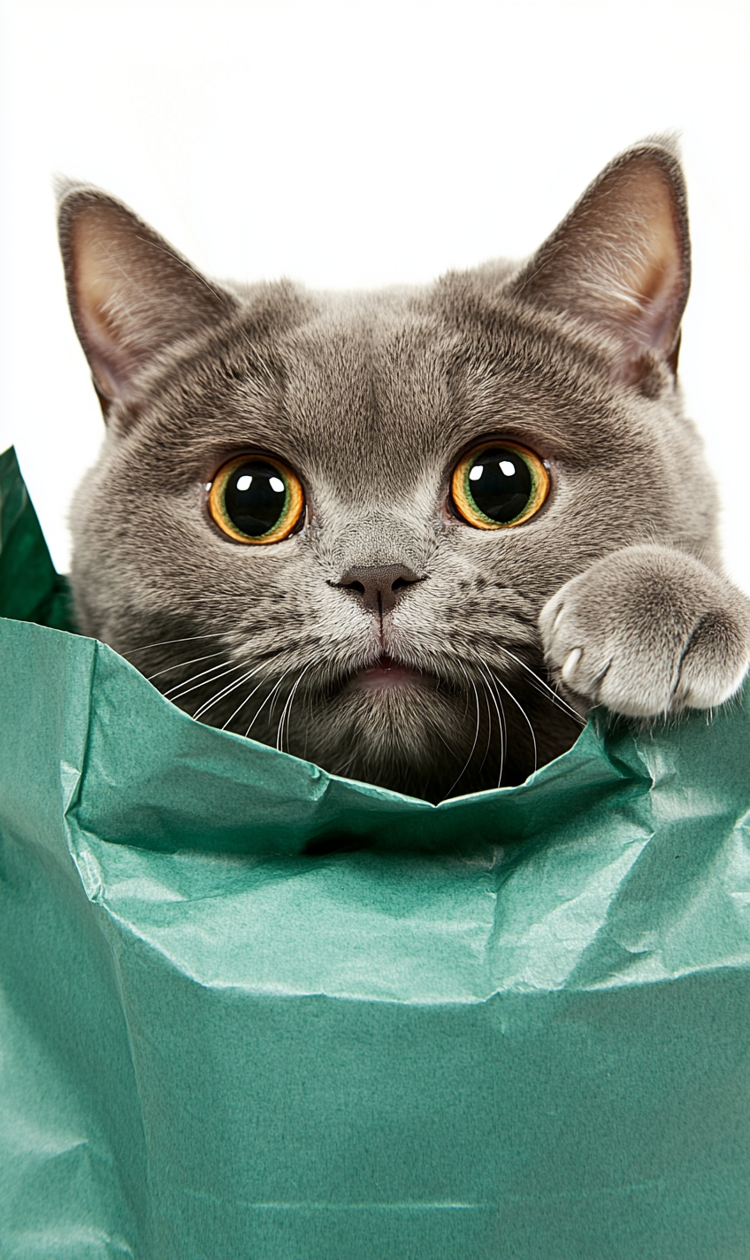 A chubby cat peeks out of green bag.