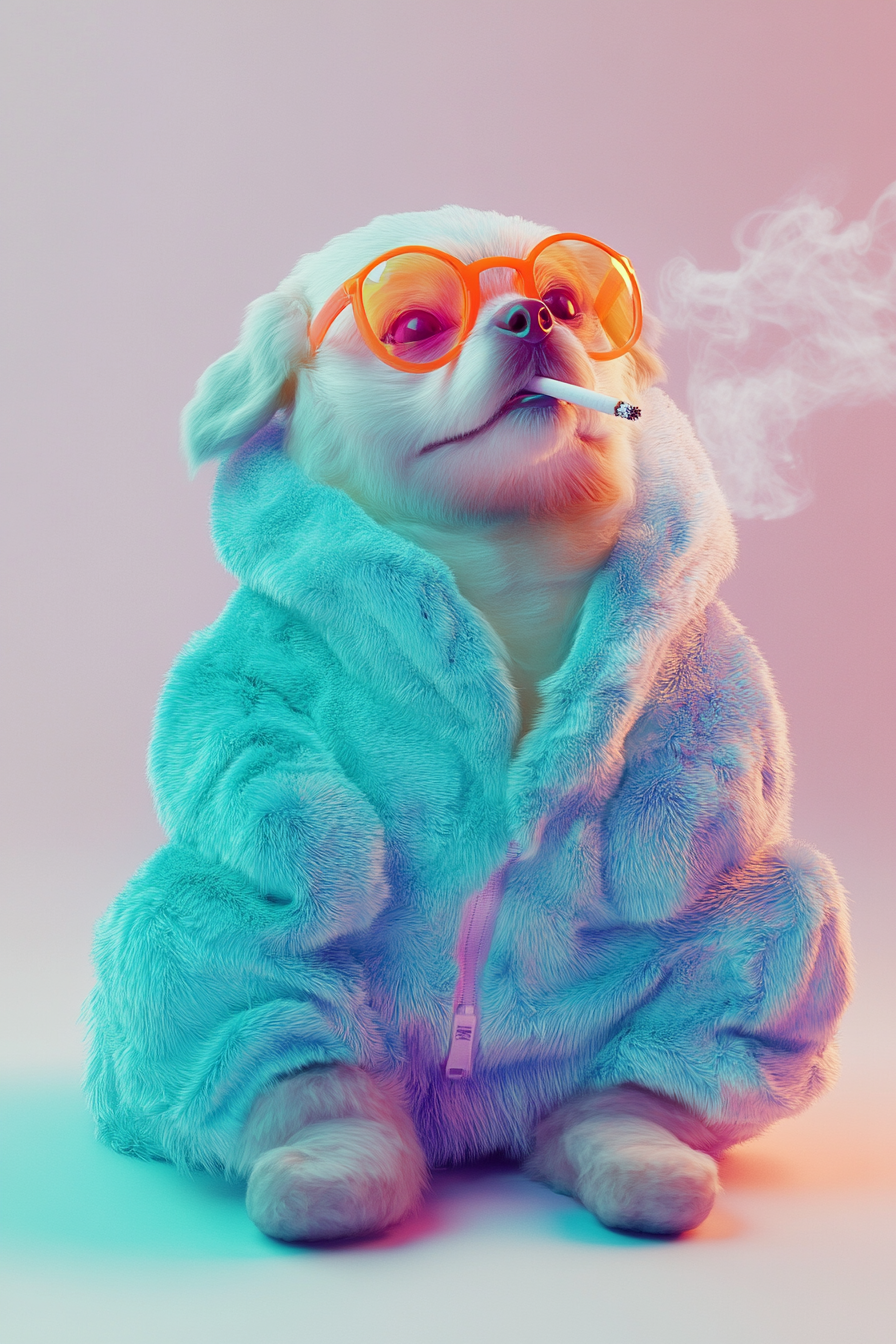 A chubby dog in colorful outfit smoking cigarette.