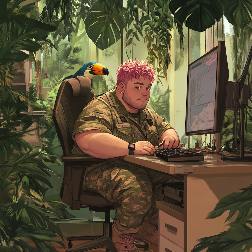 A chubby man with pink hair works in jungle-themed office.