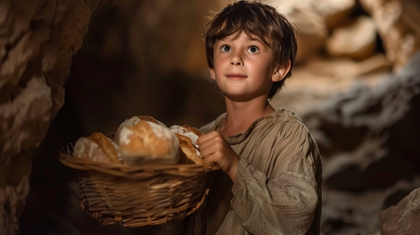 A cinematic photo of boy bringing lunch to Jesus.