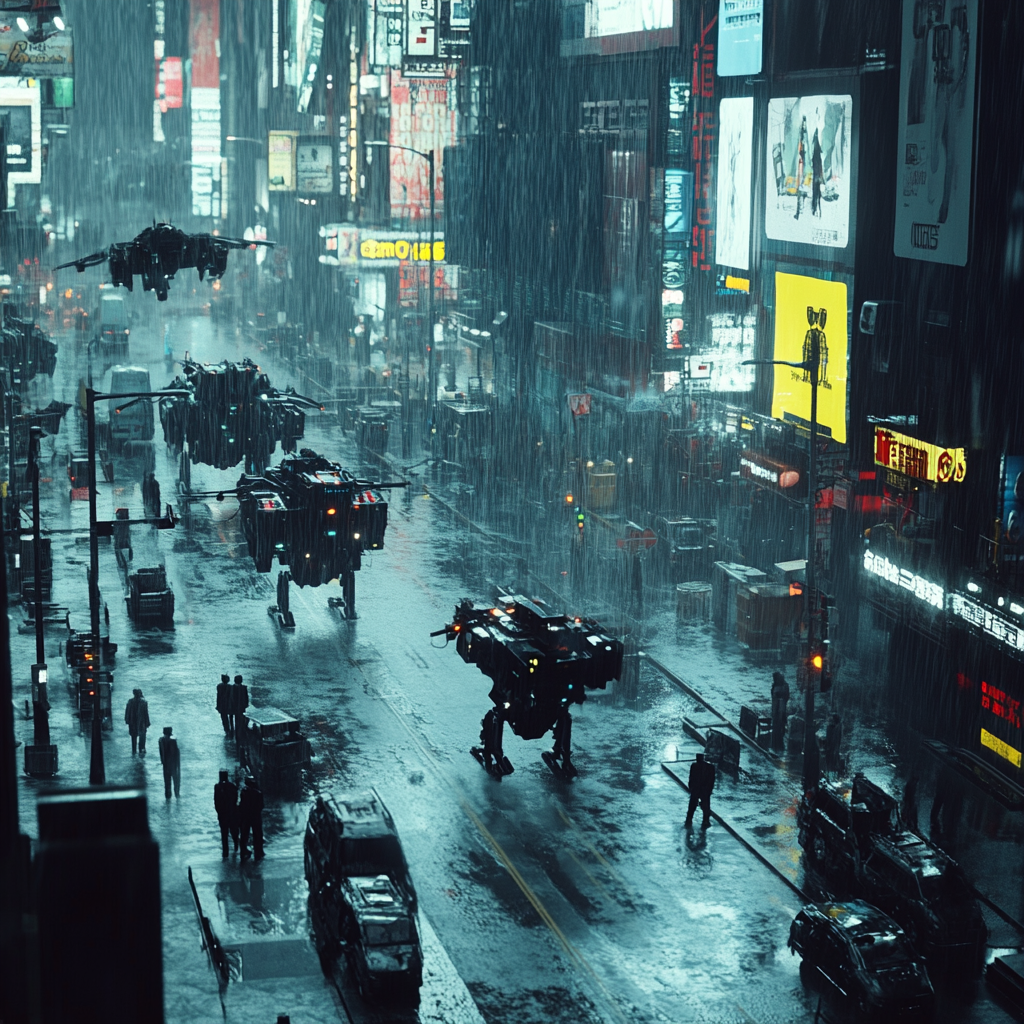 A city after war, drones explore in rain.