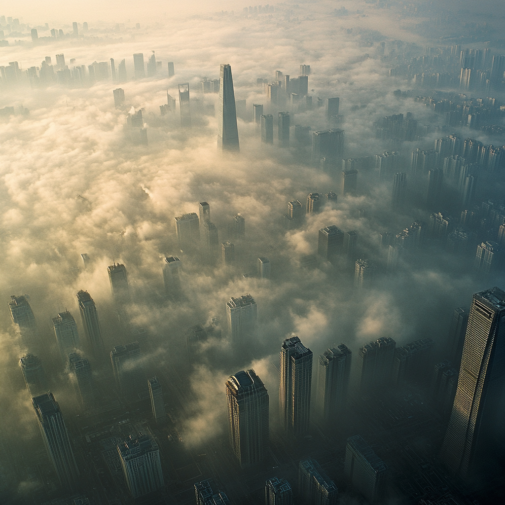 A city with skyscrapers covered in smog and haze.