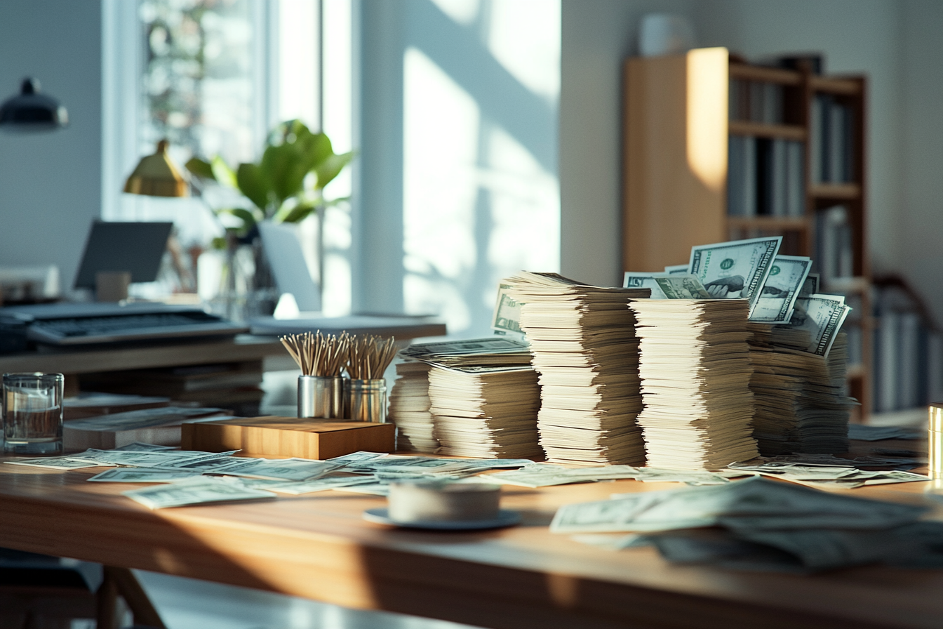 A clean table with neatly stacked money piles