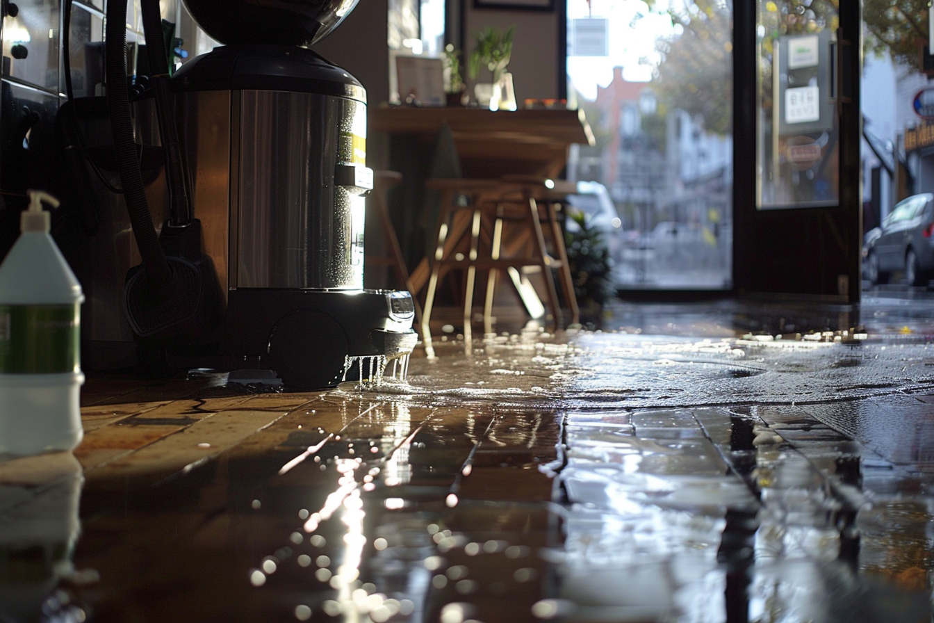 A cleaner using a wet vacuum in cafe