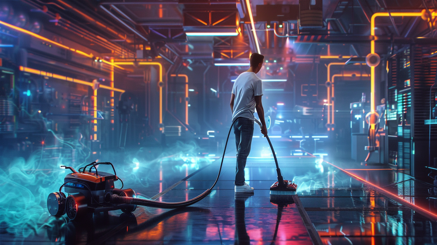 A cleaner vacuuming while superheroes battle with lasers.