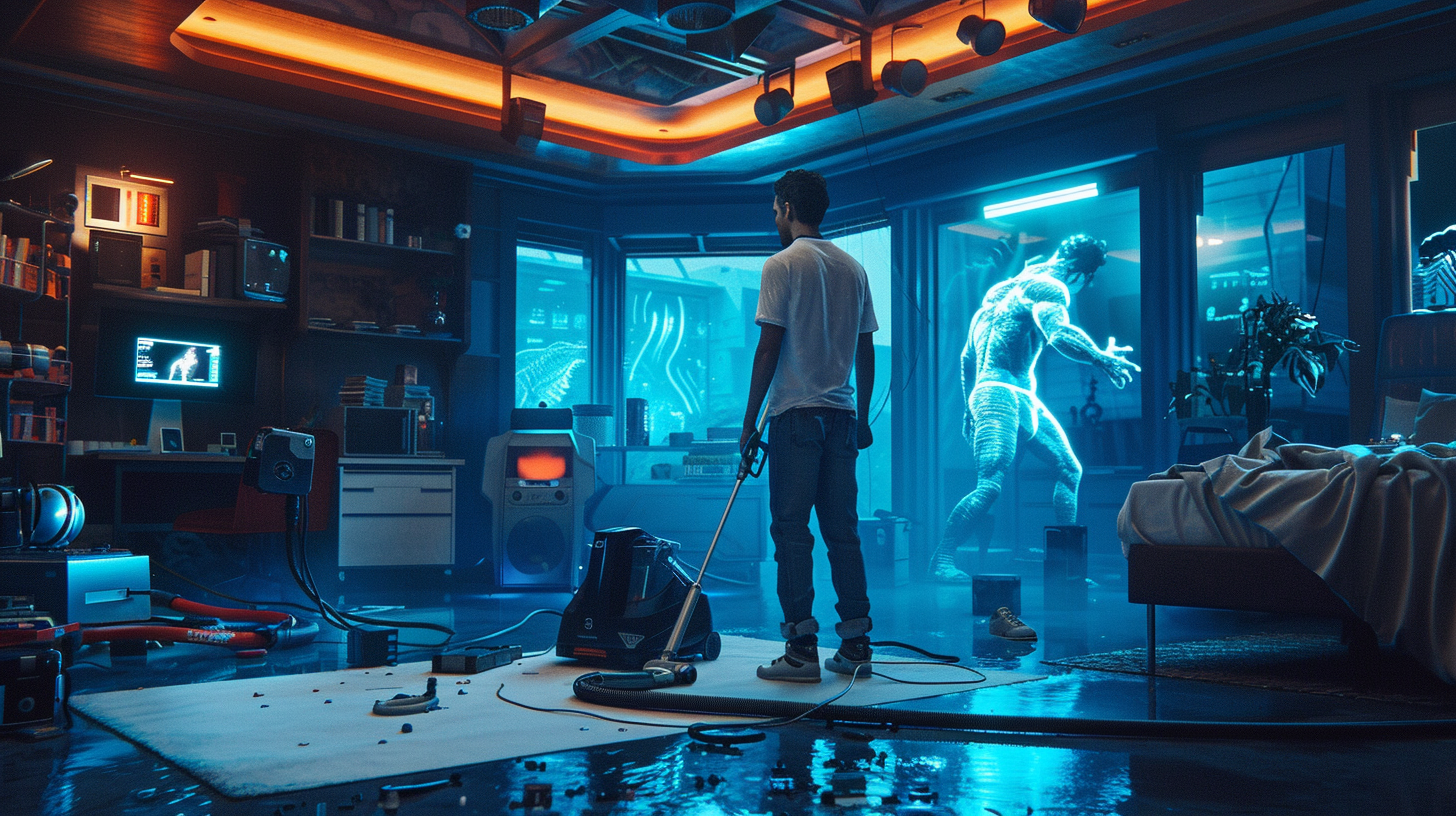 A cleaner vacuums in hero room with holograms creatures.