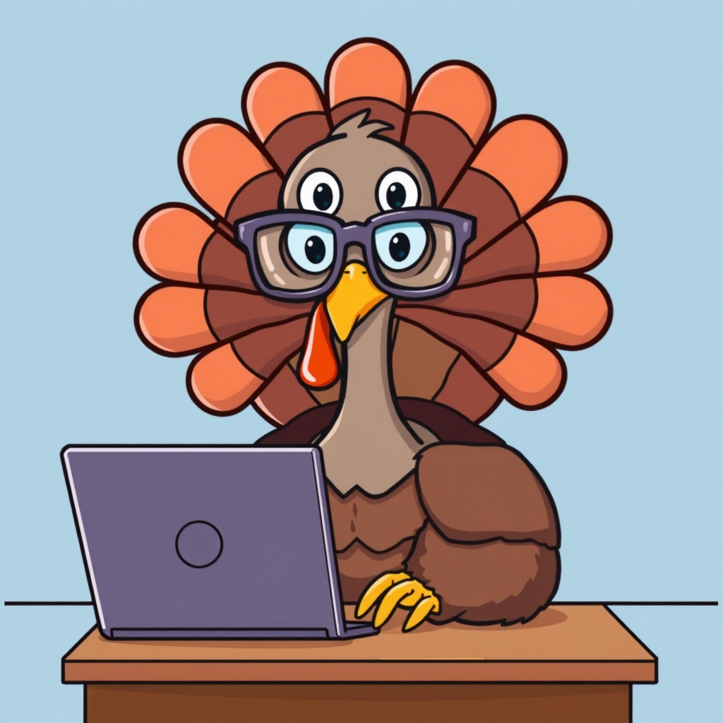 A clever turkey giving tips on laptops.