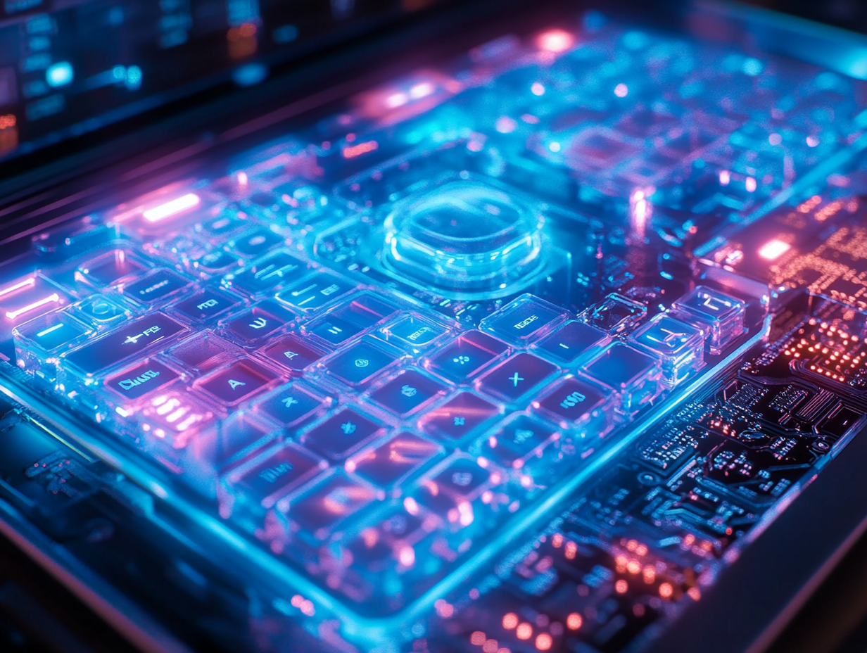 A close-up blue glowing keyboard on laptop.