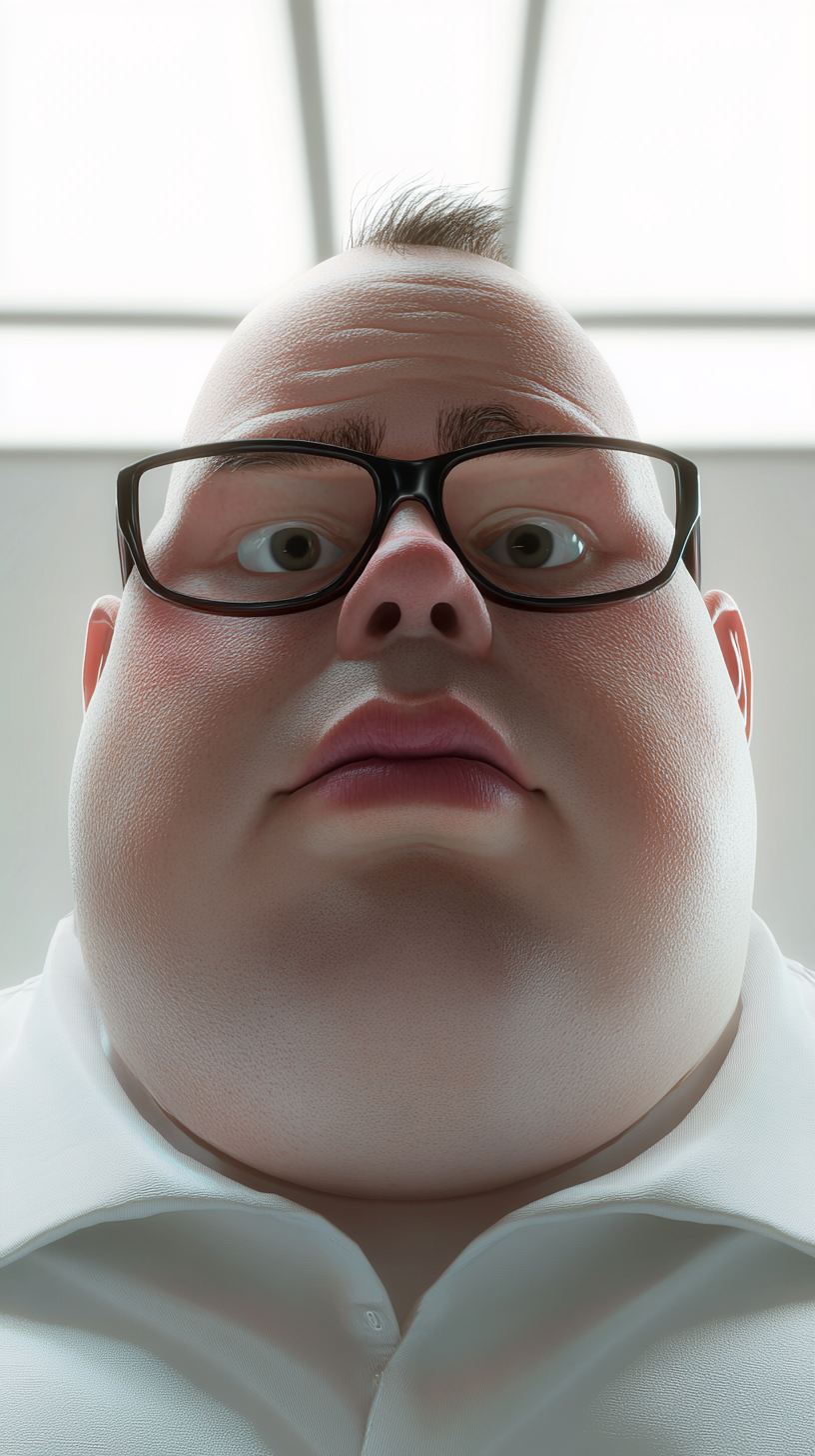 A close-up image of a fat American nerd