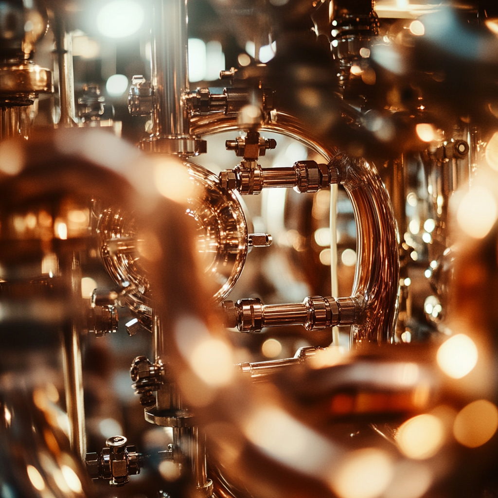 A close-up of copper machinery with sunlight.