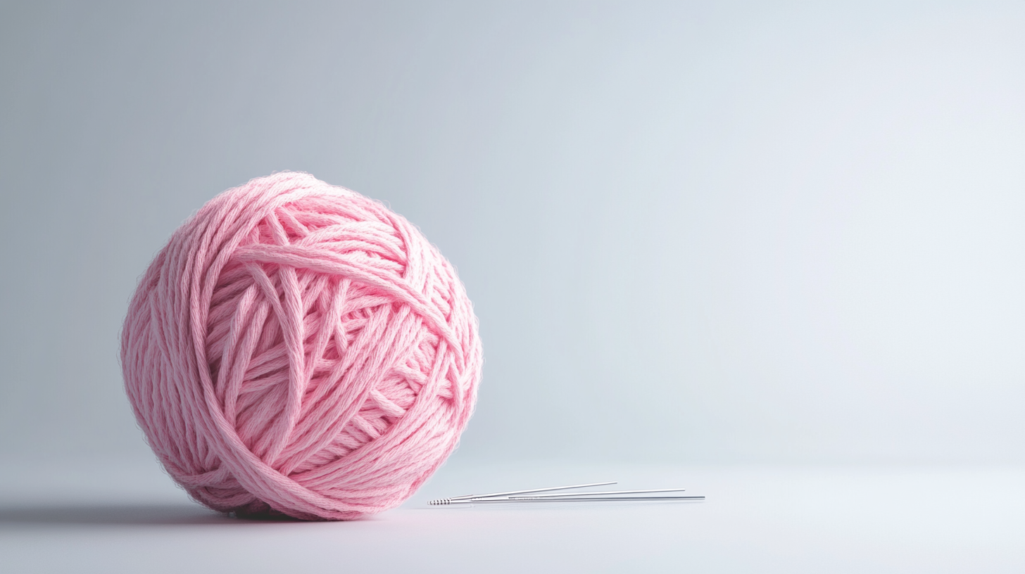 A close-up of pink wool with silver needles.